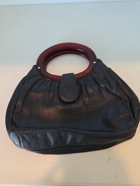 Vintage Navy Leather Ande Clutch Purse W/ Bakelite Lucite Handles